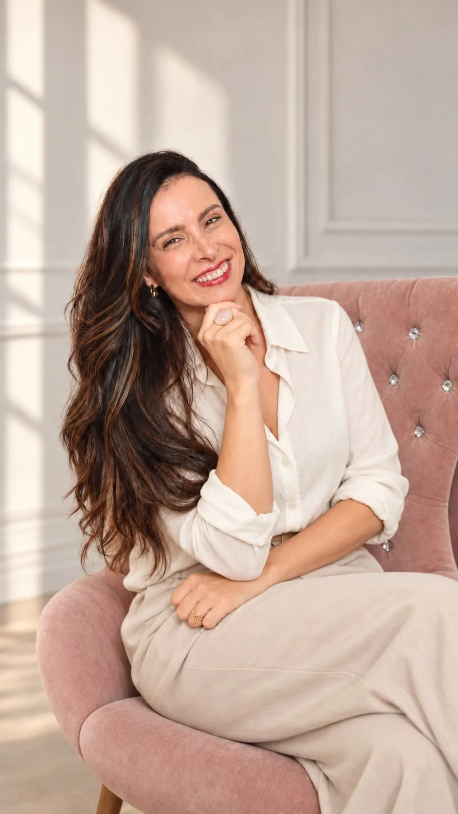 Alyne Osolins sentada, sorrindo, de camisa branca